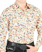 El General - Men's Khaki Western Shirt with Horse Print 44324 - OriginalWestern.com