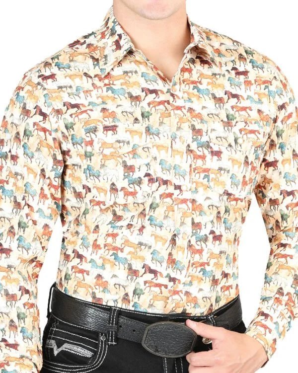 El General - Men's Khaki Western Shirt with Horse Print 44324 - OriginalWestern.com