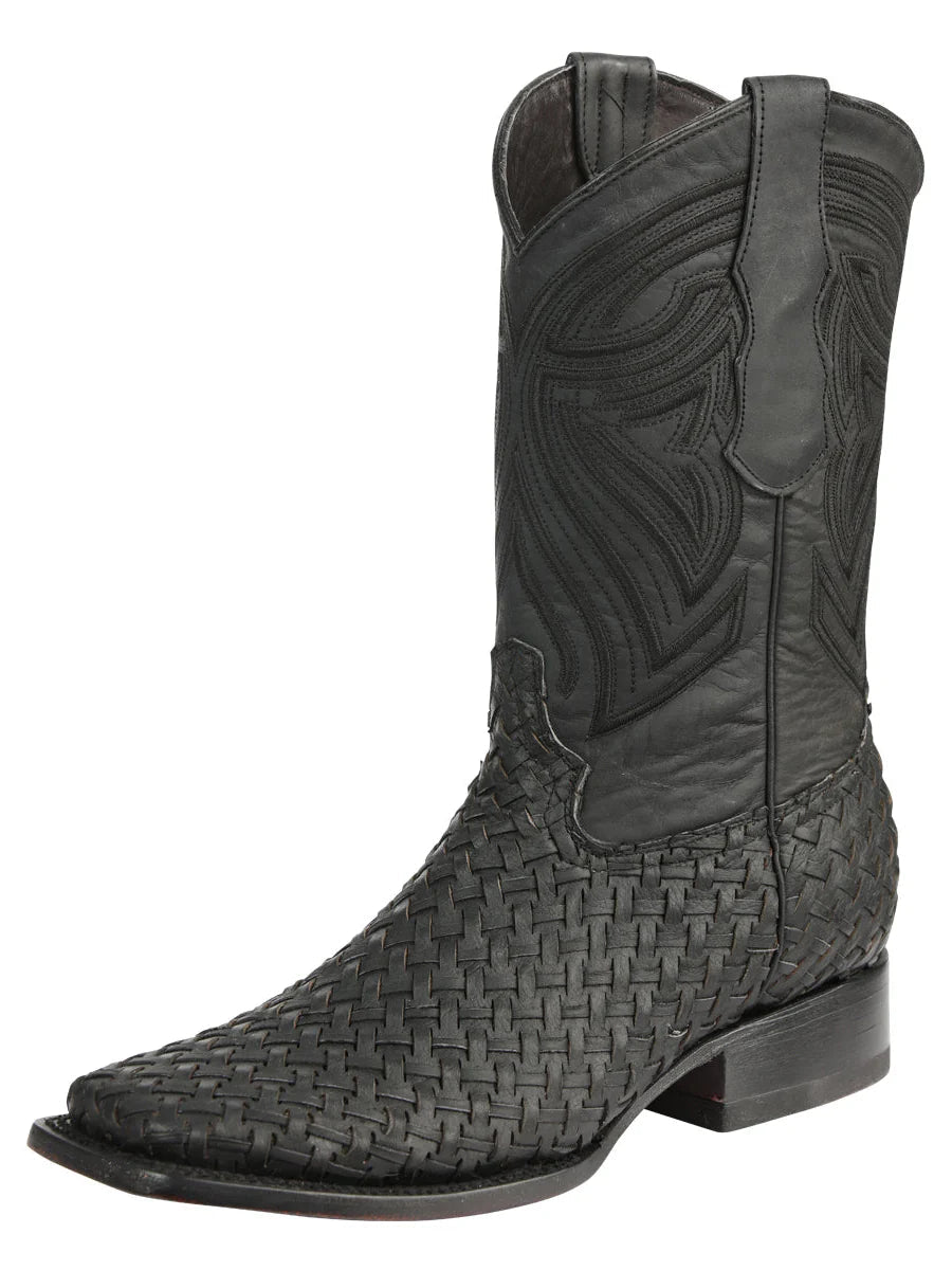 El General Men's Leather Cowboy Boots Petatillo Woven Pattern–Black 45400 - OriginalWestern.com