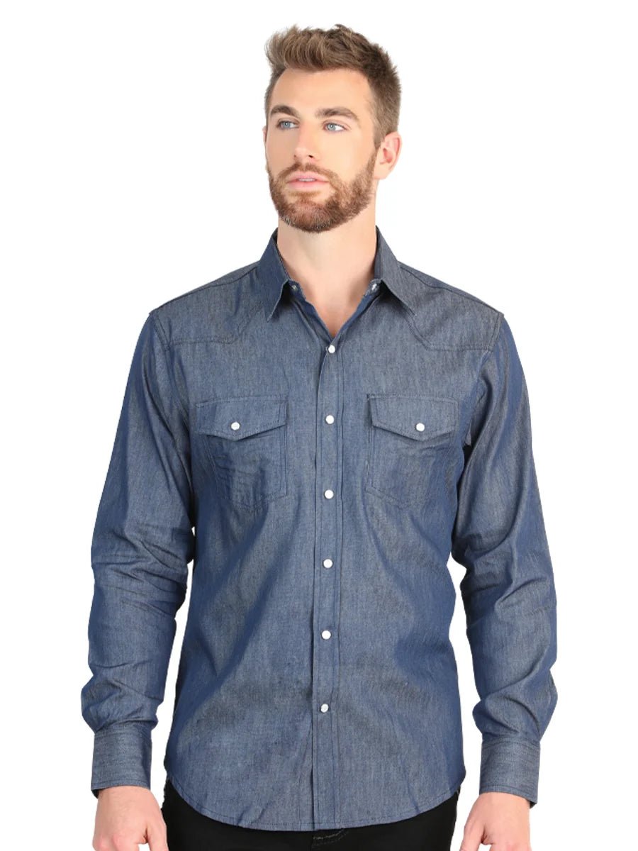 El General Men’s Long Sleeve Snap Button Western Shirt - Denim Blue 45619 - OriginalWestern.com