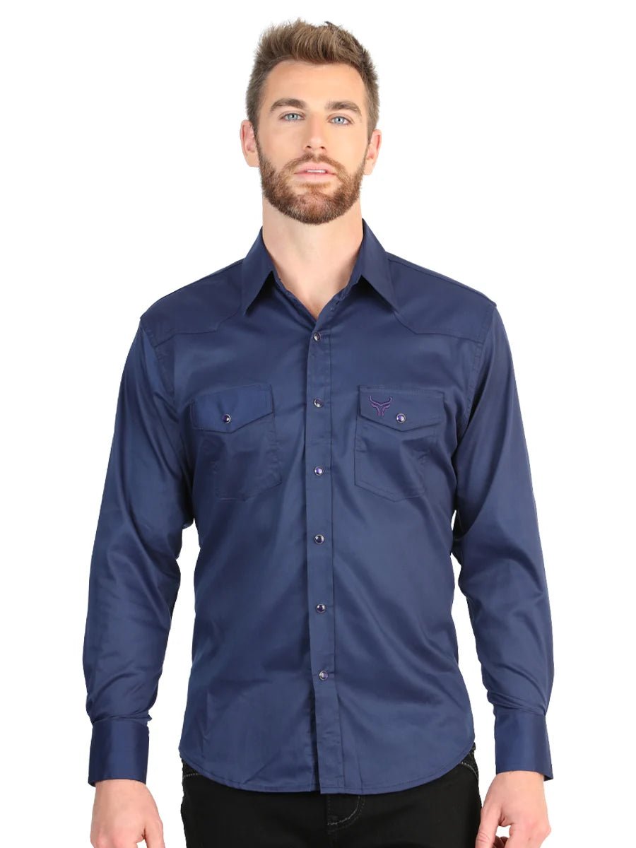 El General Men’s Long Sleeve Snap Button Western Shirt - Navy Blue 45616 - OriginalWestern.com
