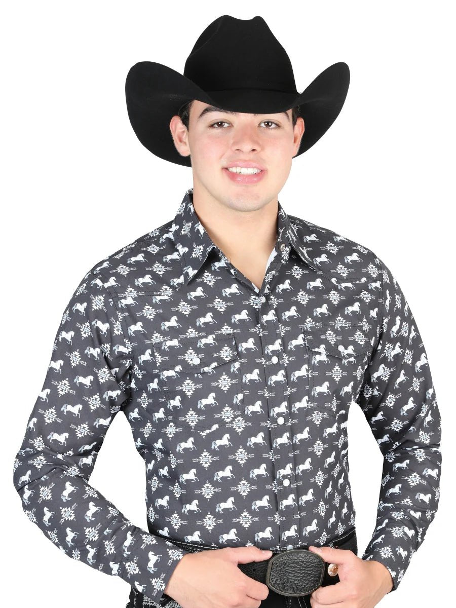 El General Men's Long Sleeve Western Fashion Snap Button Shirt - Black 44320 - OriginalWestern.com