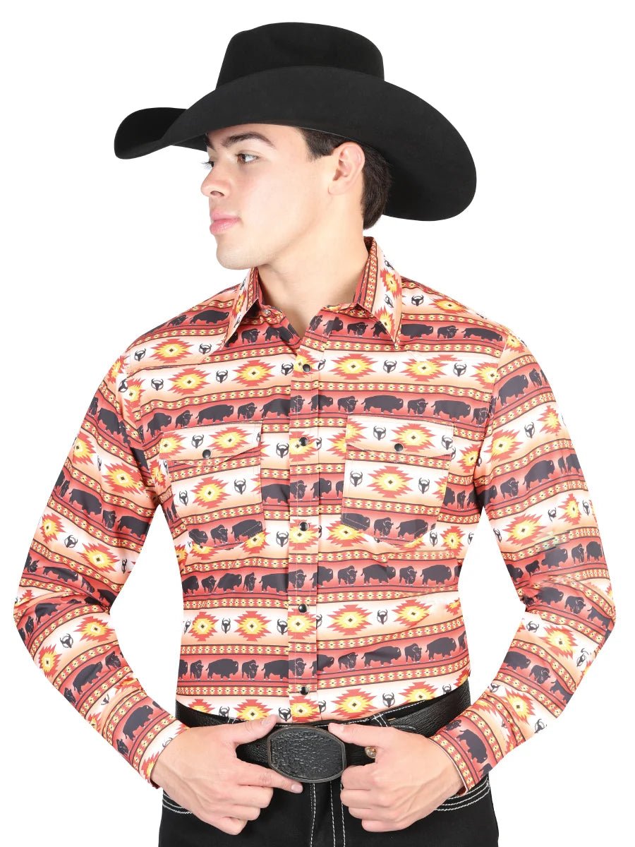 El General Men's Long Sleeve Western Fashion Snap Button Shirt - Orange 44314 - OriginalWestern.com