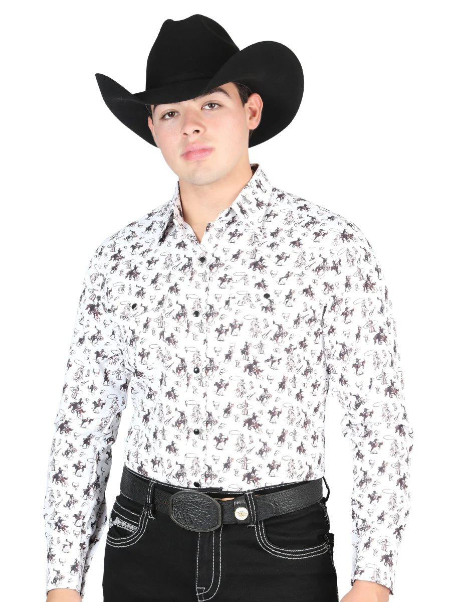 El General Men's Long Sleeve Western Fashion Snap Button Shirt - White/Multi 44327 - OriginalWestern.com