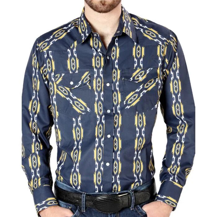 El General - Men's Navy Blue Western Shirt with Geometric Ikat Design 44219 - OriginalWestern.com