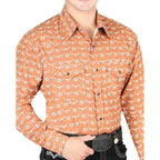 El General - Men's Orange Western Shirt with Longhorn Pattern 44328 - OriginalWestern.com