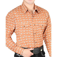 El General - Men's Orange Western Shirt with Longhorn Pattern 44328 - OriginalWestern.com