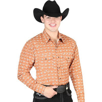 El General - Men's Orange Western Shirt with Longhorn Pattern 44328 - OriginalWestern.com
