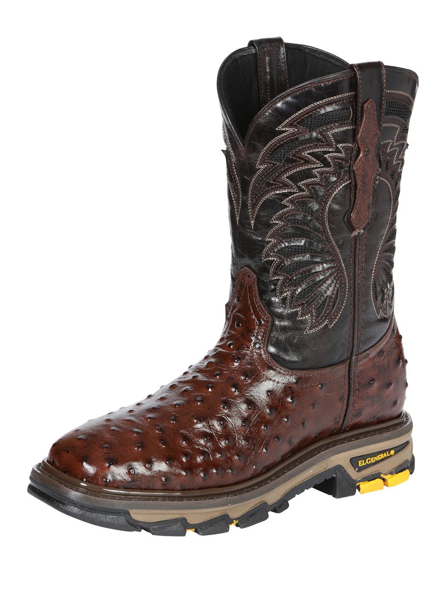 El General Men's Ostrich Print Square Toe Soft Toe Work Boots – Brown - OriginalWestern.com