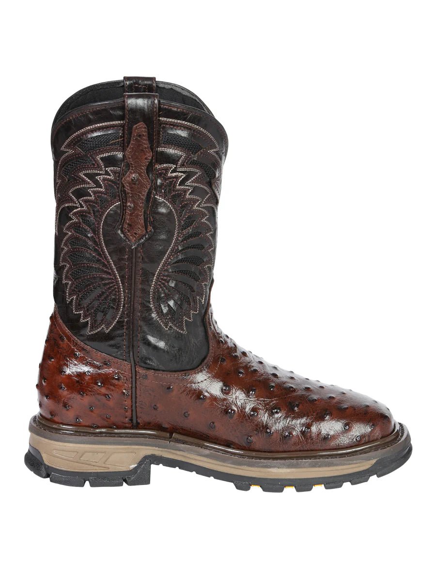El General Men's Ostrich Print Square Toe Soft Toe Work Boots – Brown - OriginalWestern.com