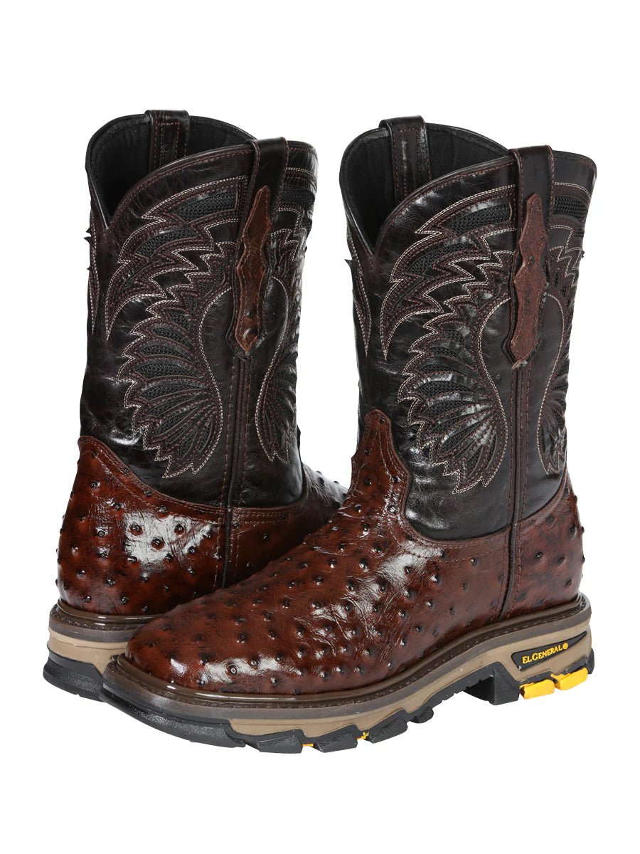 El General Men's Ostrich Print Square Toe Soft Toe Work Boots – Brown - OriginalWestern.com