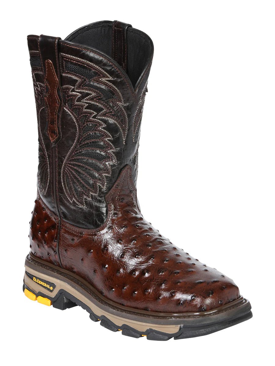 El General Men's Ostrich Print Square Toe Soft Toe Work Boots – Brown - OriginalWestern.com