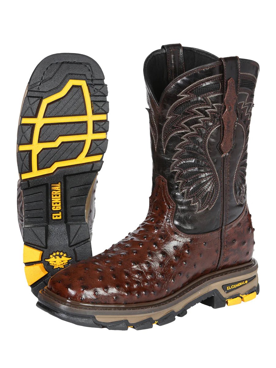 El General Men's Ostrich Print Square Toe Soft Toe Work Boots – Brown - OriginalWestern.com