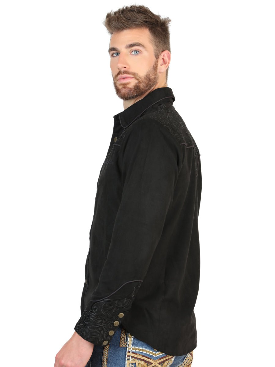 El General Men’s Suede Embroidered Snap Button Western Shirt - Black 45653 - OriginalWestern.com