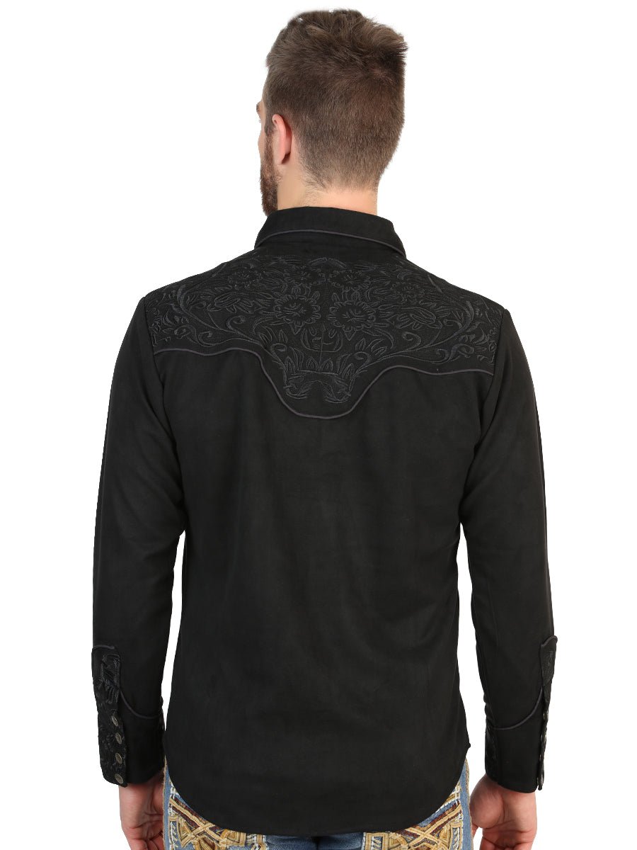 El General Men’s Suede Embroidered Snap Button Western Shirt - Black 45653 - OriginalWestern.com