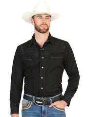 El General Men’s Suede Embroidered Snap Button Western Shirt - Black 45653 - OriginalWestern.com