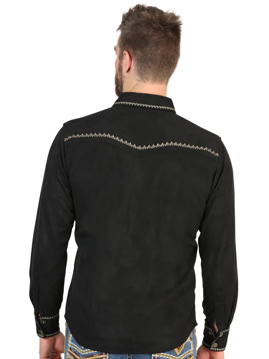 El General Men’s Suede Embroidered Snap Button Western Shirt - Black 45886 - OriginalWestern.com