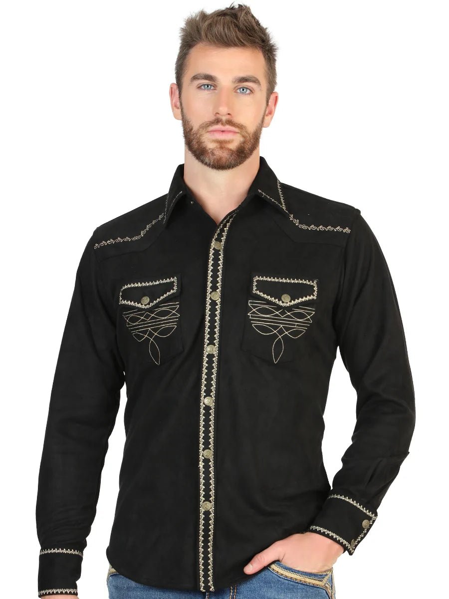 El General Men’s Suede Embroidered Snap Button Western Shirt - Black 45886 - OriginalWestern.com