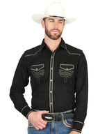 El General Men’s Suede Embroidered Snap Button Western Shirt - Black 45886 - OriginalWestern.com
