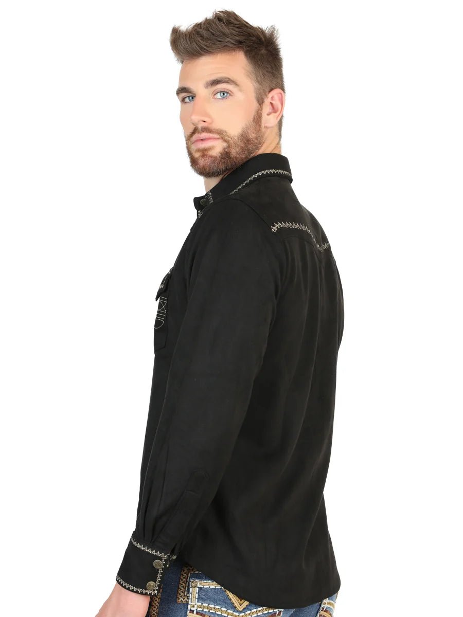 El General Men’s Suede Embroidered Snap Button Western Shirt - Black 45886 - OriginalWestern.com