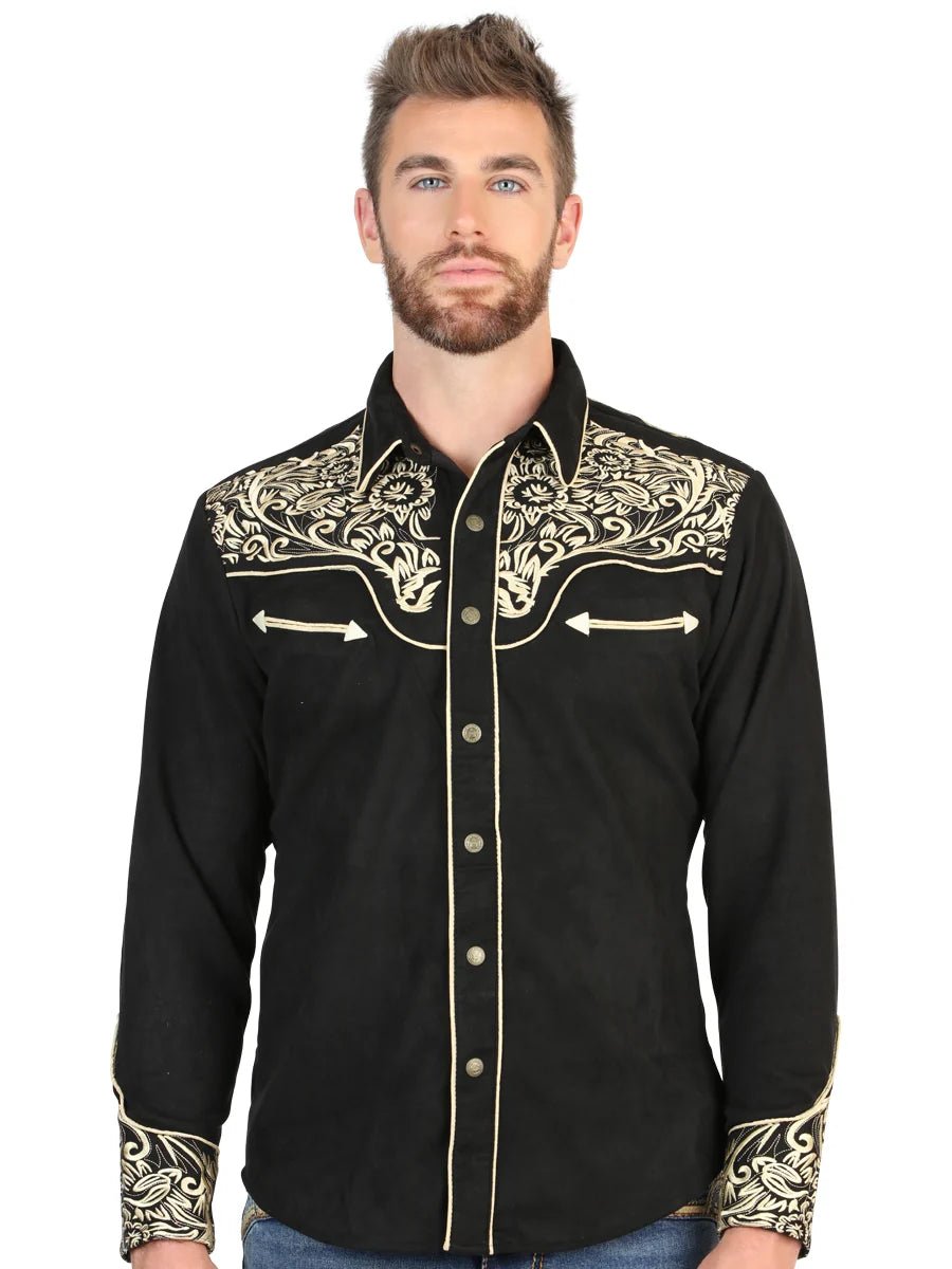 El General Men’s Suede Embroidered Snap Button Western Shirt - Black/Gold 45654 - OriginalWestern.com