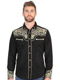 El General Men’s Suede Embroidered Snap Button Western Shirt - Black/Gold 45654 - OriginalWestern.com