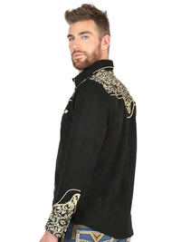 El General Men’s Suede Embroidered Snap Button Western Shirt - Black/Gold 45654 - OriginalWestern.com