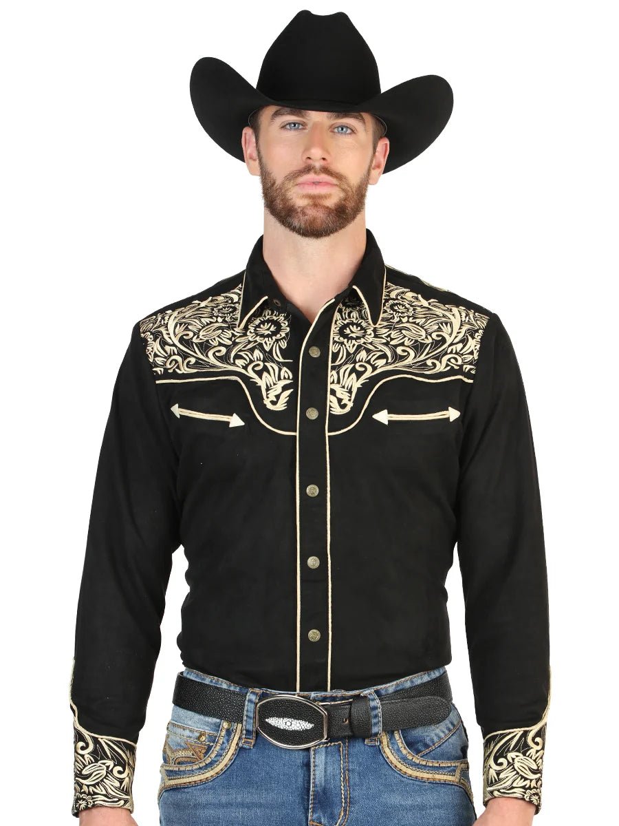El General Men’s Suede Embroidered Snap Button Western Shirt - Black/Gold 45654 - OriginalWestern.com