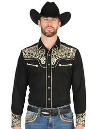 El General Men’s Suede Embroidered Snap Button Western Shirt - Black/Gold 45654 - OriginalWestern.com