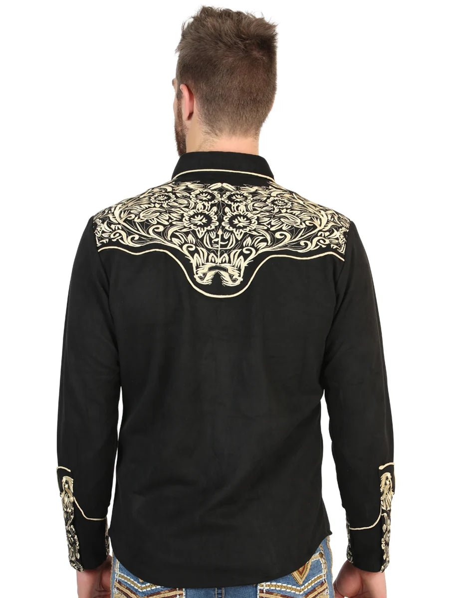 El General Men’s Suede Embroidered Snap Button Western Shirt - Black/Gold 45654 - OriginalWestern.com