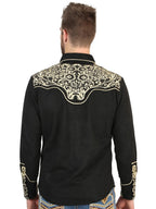 El General Men’s Suede Embroidered Snap Button Western Shirt - Black/Gold 45654 - OriginalWestern.com