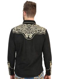 El General Men’s Suede Embroidered Snap Button Western Shirt - Black/Gold 45654 - OriginalWestern.com