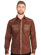 El General Men’s Suede Embroidered Snap Button Western Shirt - Brown 45884 - OriginalWestern.com