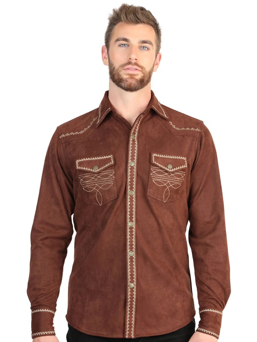 El General Men’s Suede Embroidered Snap Button Western Shirt - Brown 45884 - OriginalWestern.com