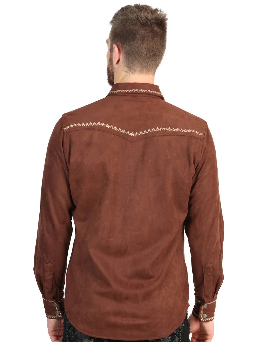 El General Men’s Suede Embroidered Snap Button Western Shirt - Brown 45884 - OriginalWestern.com