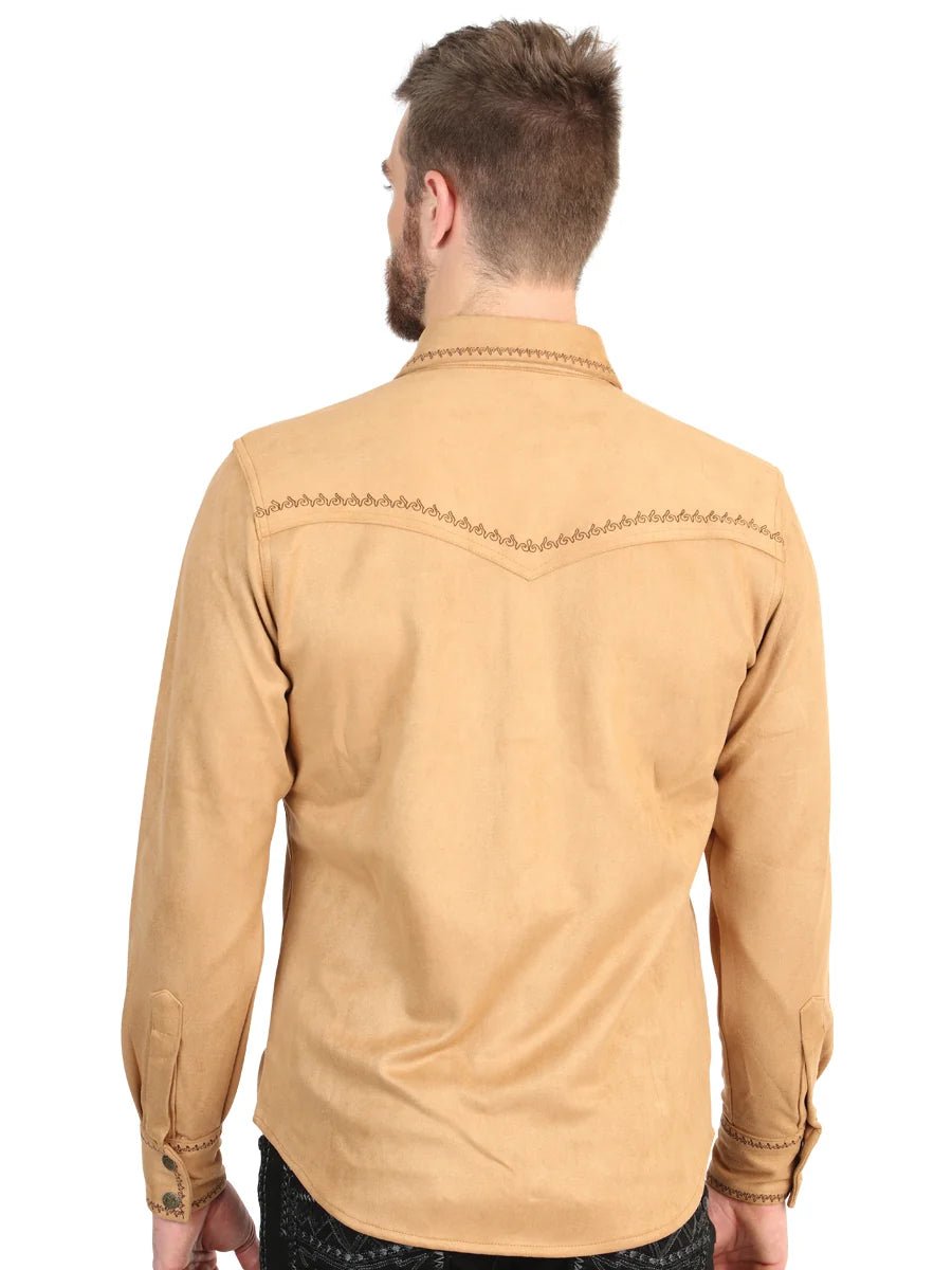 El General Men’s Suede Embroidered Snap Button Western Shirt - Khaki 45885 - OriginalWestern.com