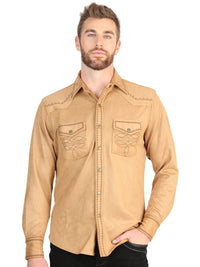 El General Men’s Suede Embroidered Snap Button Western Shirt - Khaki 45885 - OriginalWestern.com