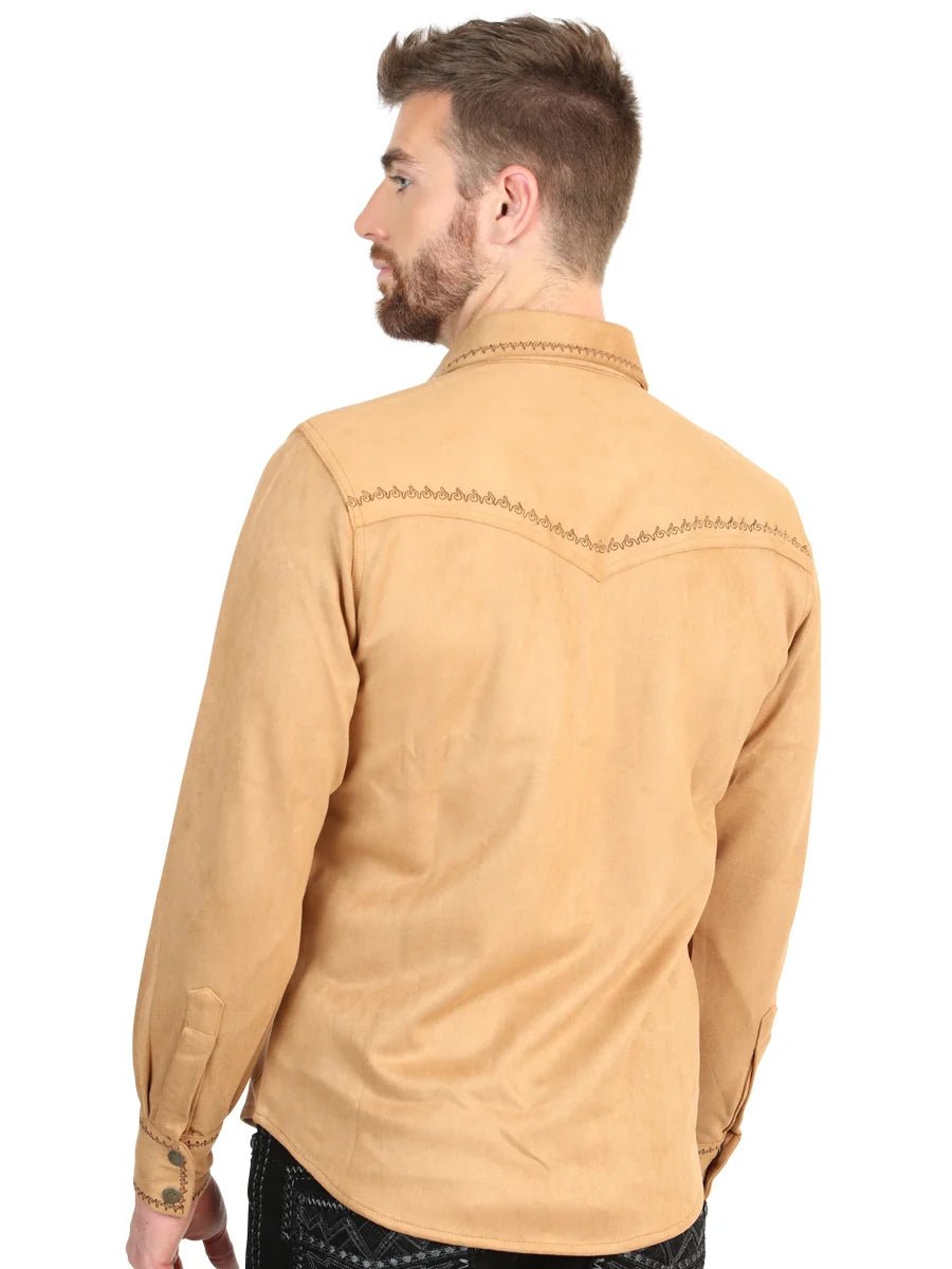 El General Men’s Suede Embroidered Snap Button Western Shirt - Khaki 45885 - OriginalWestern.com