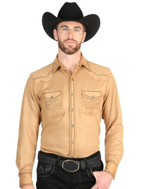 El General Men’s Suede Embroidered Snap Button Western Shirt - Khaki 45885 - OriginalWestern.com
