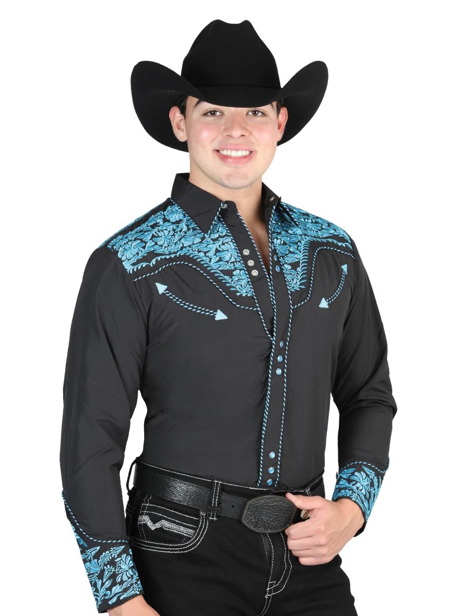El General Men's Traditional Embroidered Western Charro Shirt - Black/Blue 44337 - OriginalWestern.com