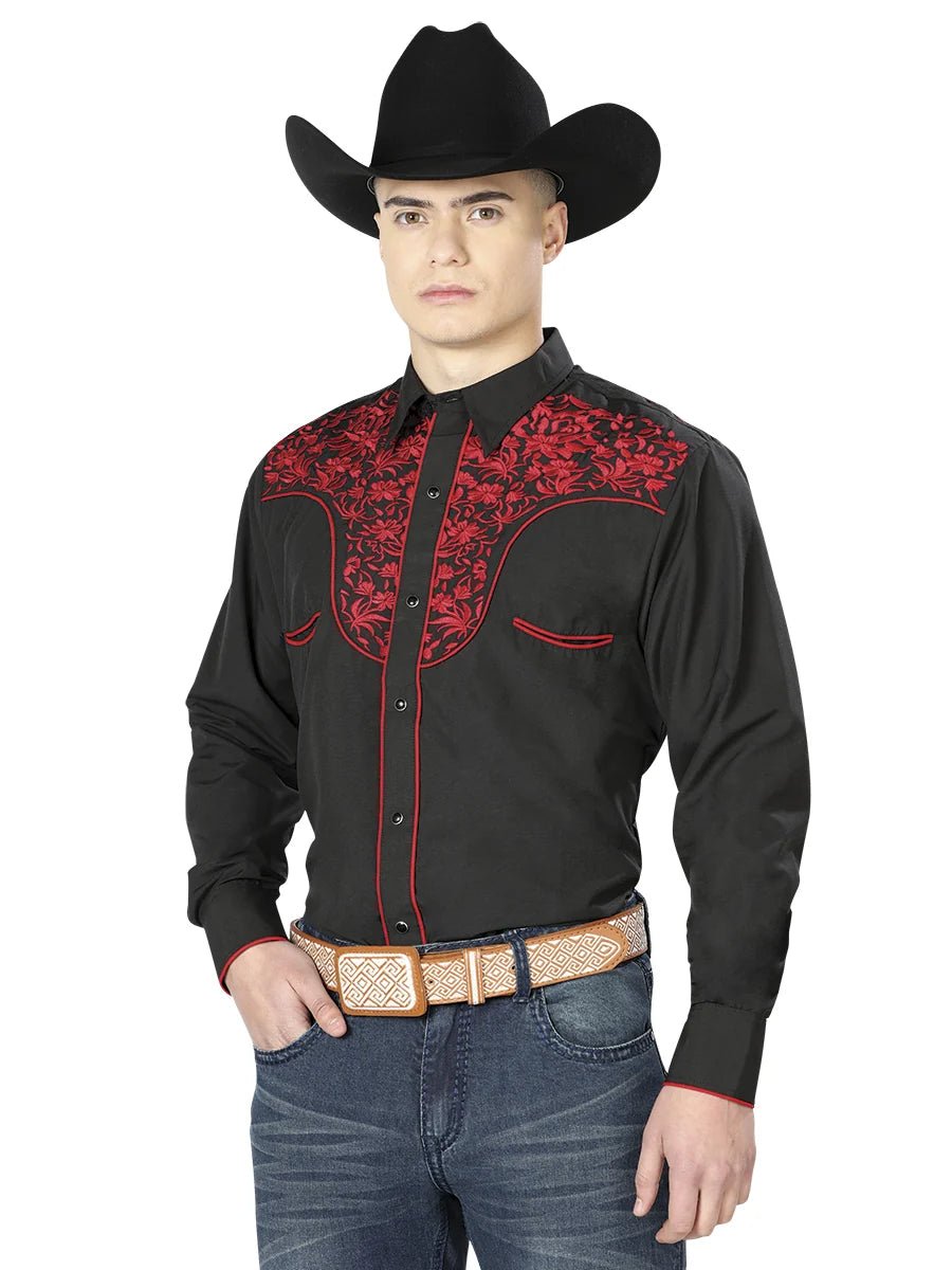 El General Men's Traditional Embroidered Western Charro Shirt - Black/Red 43297 - OriginalWestern.com