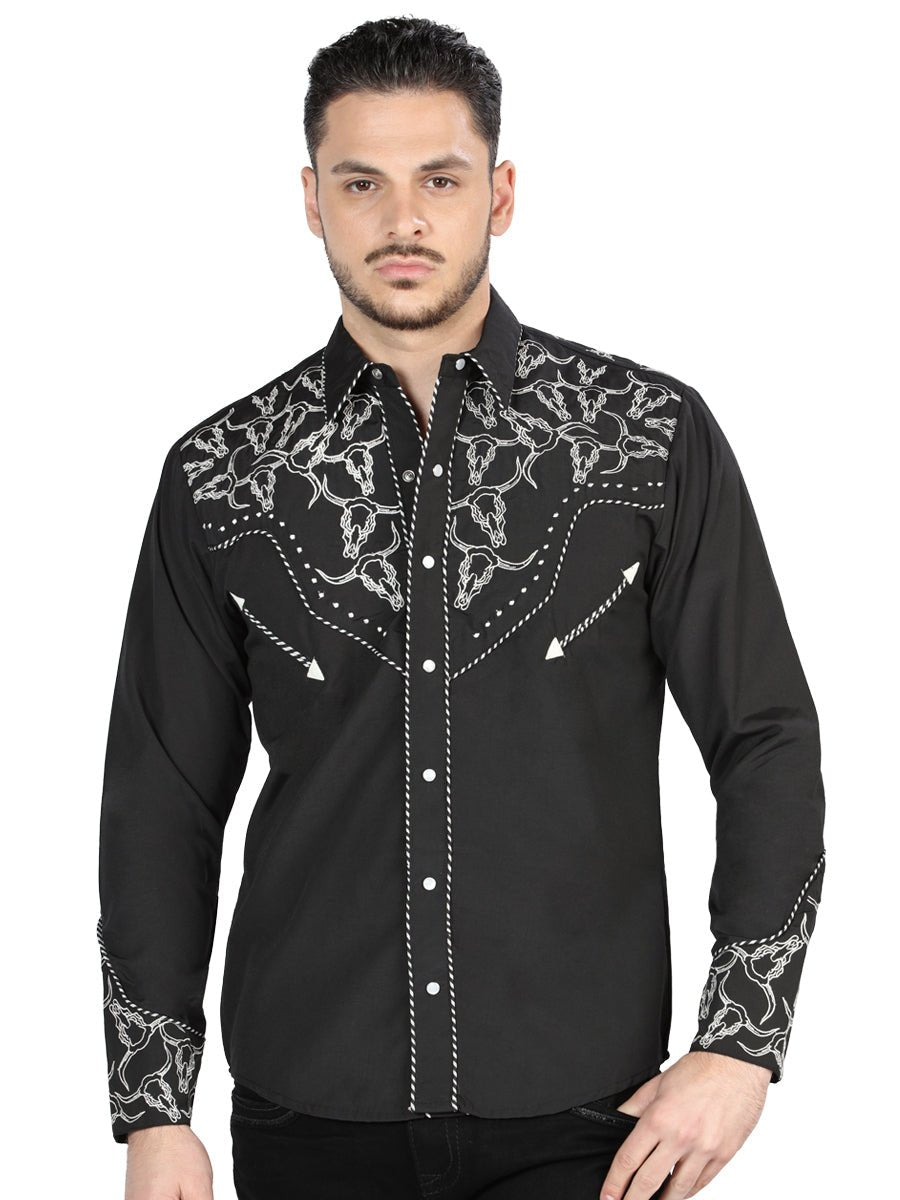 El General Men's Traditional Embroidered Western Charro Shirt - Black/White 44340 - OriginalWestern.com