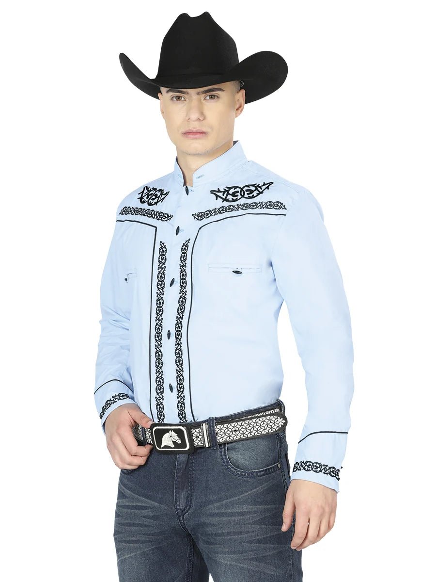 El General Men's Traditional Embroidered Western Charro Shirt Blue/Black 40785 - OriginalWestern.com