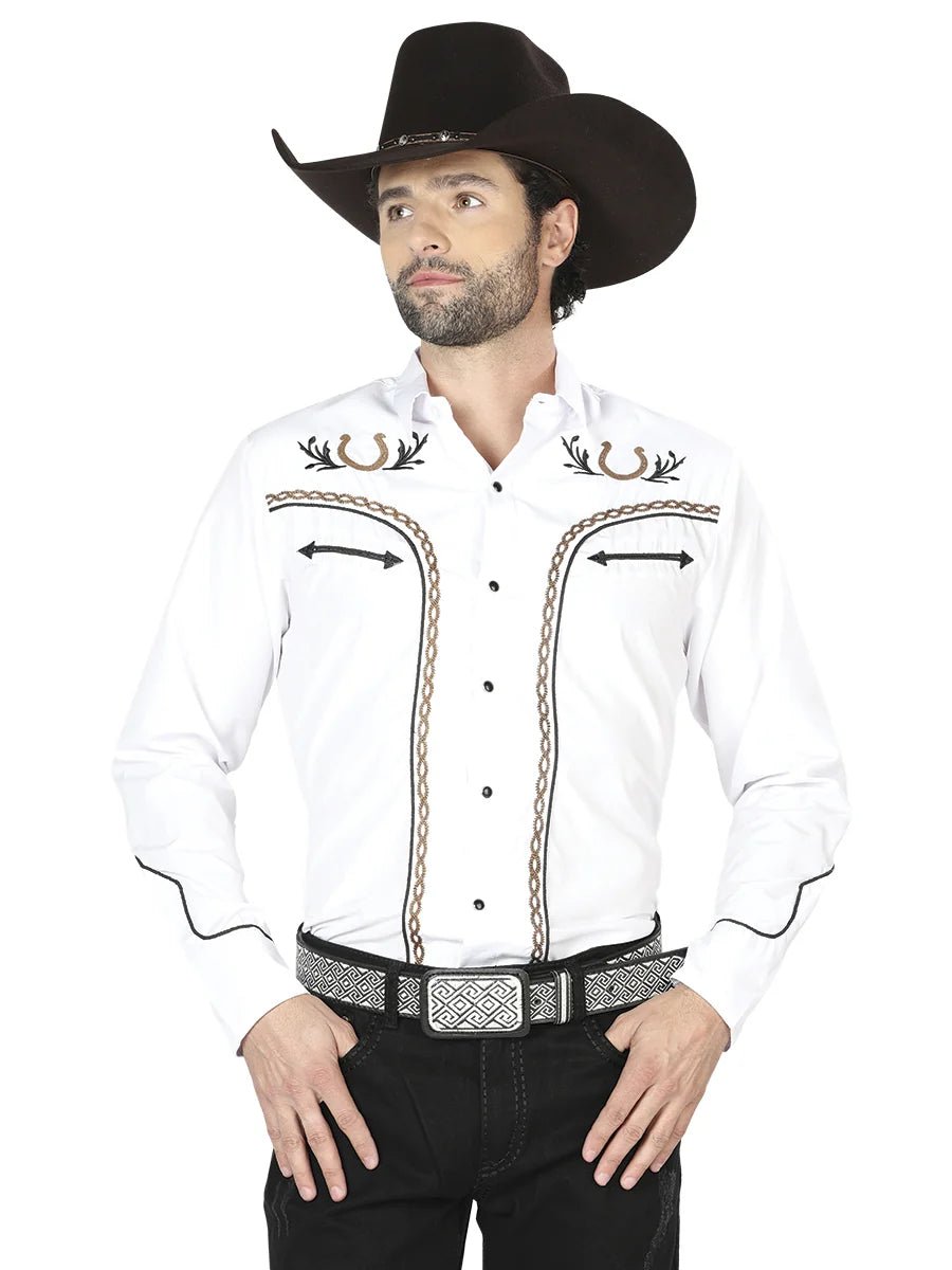 El General Men's Traditional Embroidered Western Charro Shirt White/Gold 43296 - OriginalWestern.com