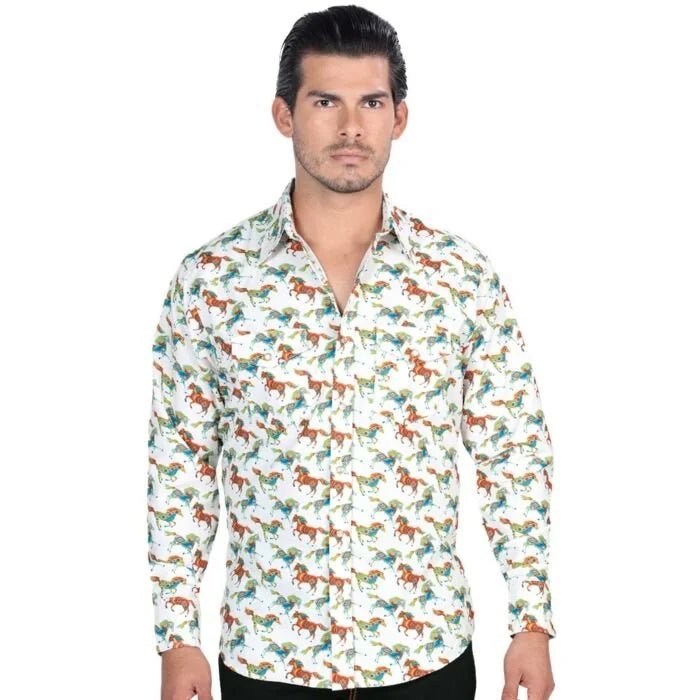 El General - Men's White Western Shirt with Colorful Horse Print 44313 - OriginalWestern.com