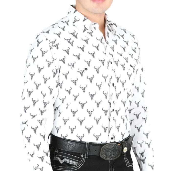 El General - Men's White Western Shirt with Longhorn Skull Print 44305 - OriginalWestern.com