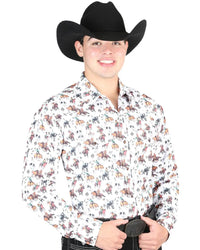 El General - Men's White Western Shirt with Rodeo Cattle Design 44326 - OriginalWestern.com
