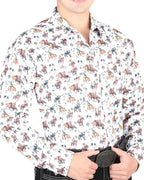 El General - Men's White Western Shirt with Rodeo Cattle Design 44326 - OriginalWestern.com
