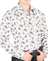 El General - Men's White Western Shirt with Rodeo Cattle Design 44326 - OriginalWestern.com