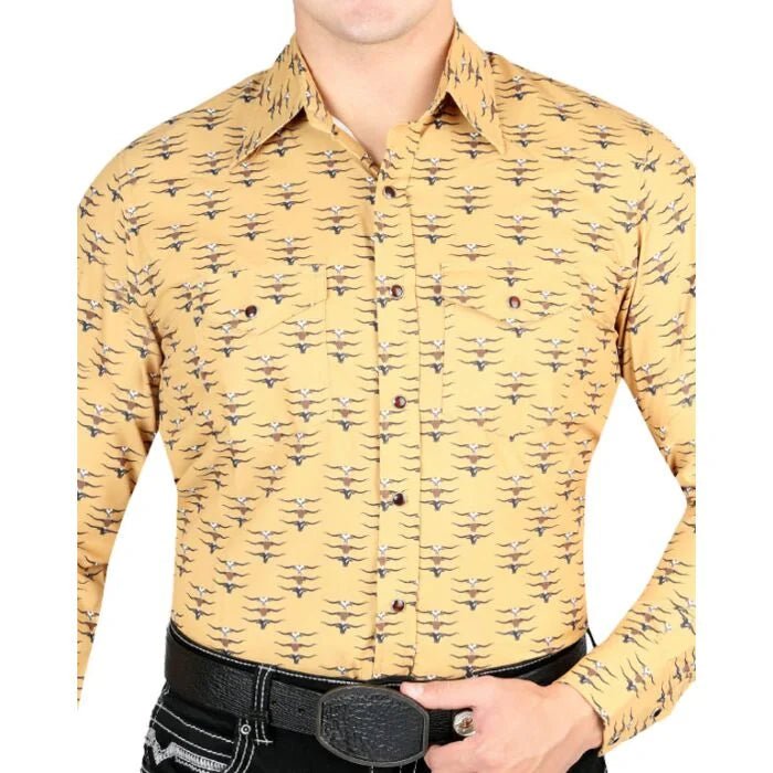 El General - Men's Yellow Western Shirt with Longhorn Print 44323 - OriginalWestern.com